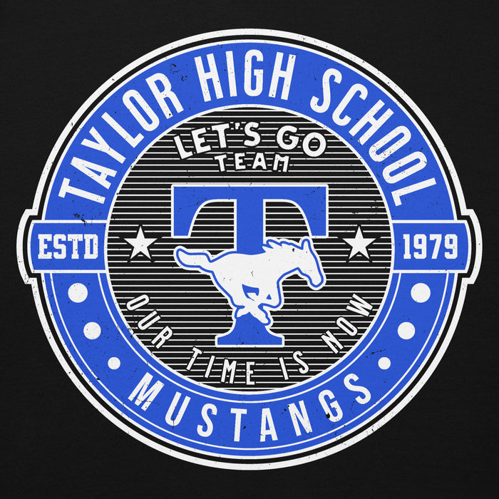 Close-up view of Taylor High School Mustangs Black Premium Unisex Hoodie 224