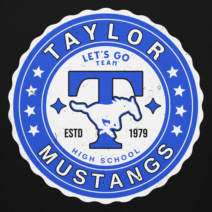 Close-up view of Taylor High School Mustangs Black Premium Unisex Hoodie 216