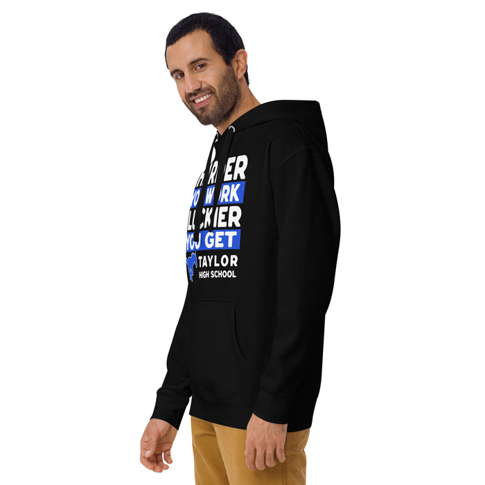 Man wearing Taylor High School Mustangs Black Premium Unisex Hoodie 238
