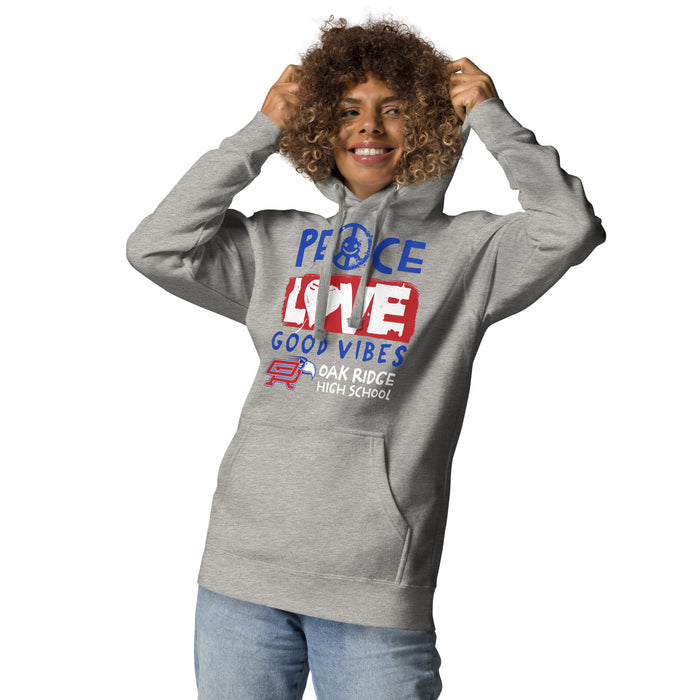 Woman wearing Oak Ridge High School War Eagles Grey Premium Unisex Hoodie 240