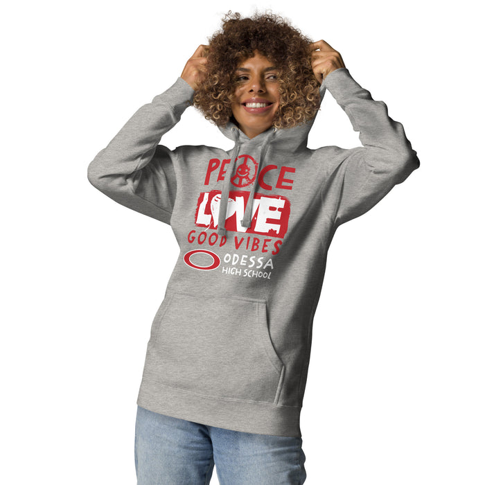 Woman wearing Odessa High School Bronchos Grey Premium Unisex Hoodie 240