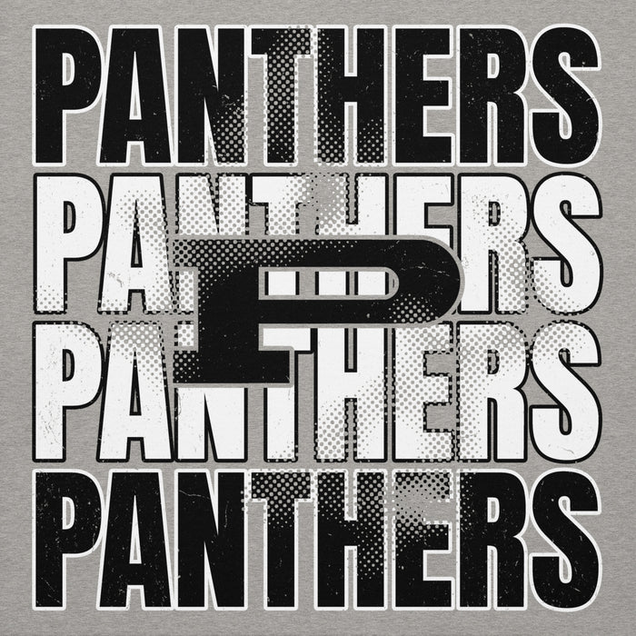 Repetition of 'PANTHERS' text in various styles on a gray background with a large "P". Permian High School design 233