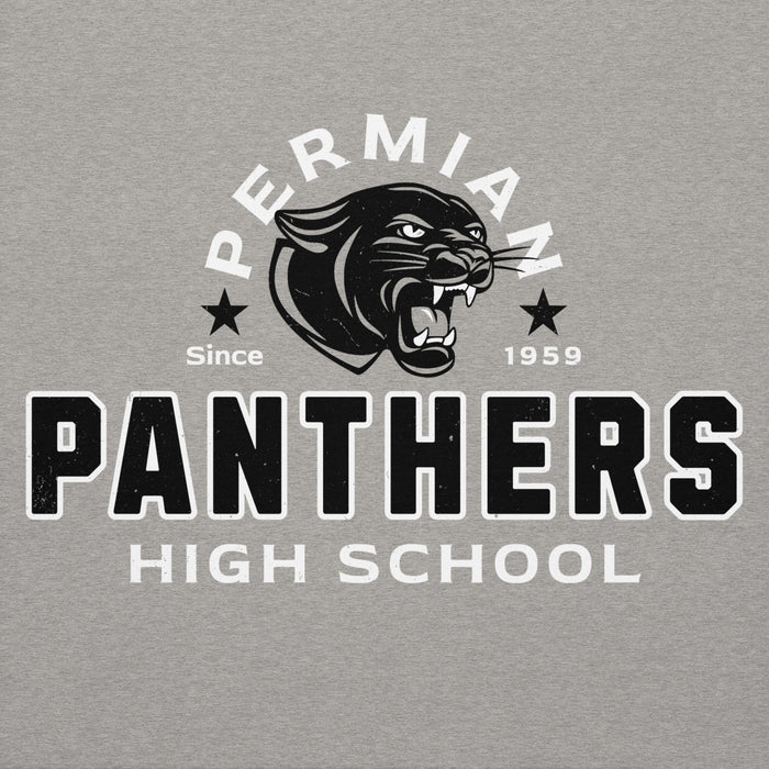 Gray hoodie with black and white 'Permian Panthers High School' logo featuring a panther. design 222