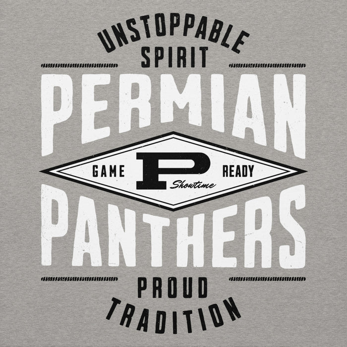 Gray premium hoodie with 'Permian Panthers' text and logo on a gray background - design 210