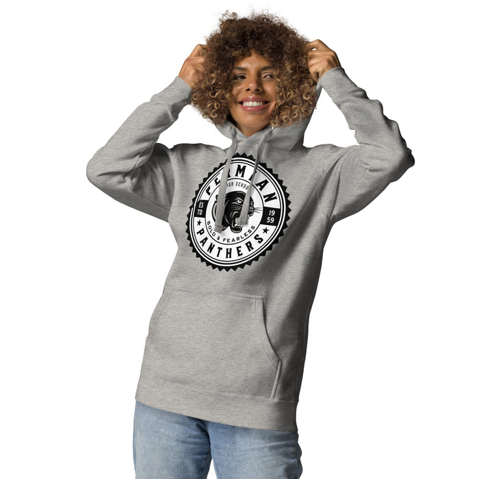 Woman wearing Permian High School Panthers Black Premium Unisex Hoodie 203
