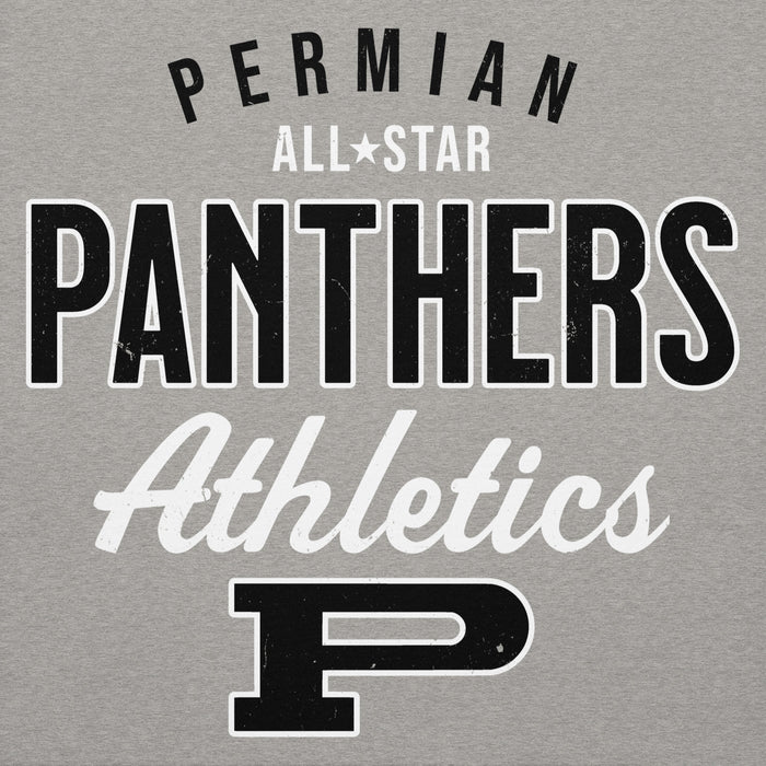 Gray hoodie with 'Permian All-Star Panthers Athletics' text and logo on a gray background - design 034