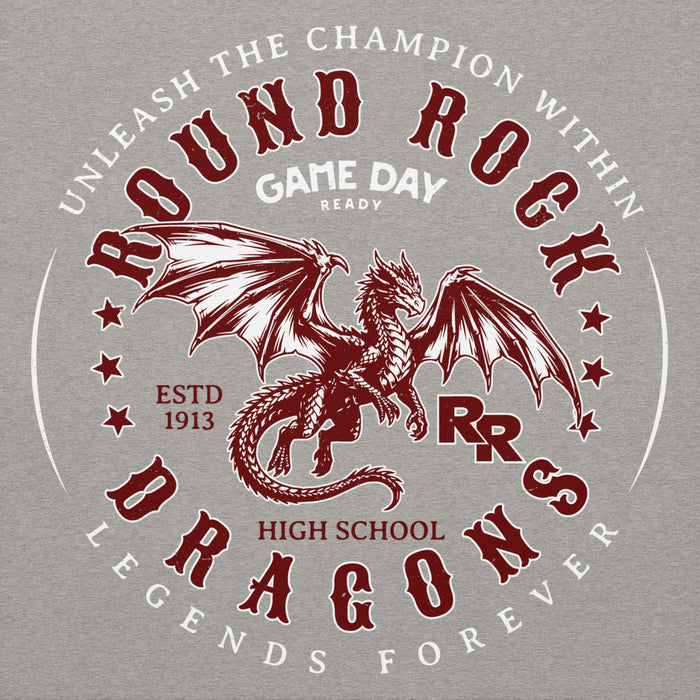 Close-up view of Round Rock High School Dragons Grey Premium Unisex Hoodie 214