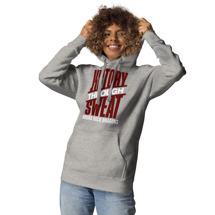 Woman wearing Round Rock High School Dragons Grey Premium Unisex Hoodie 241