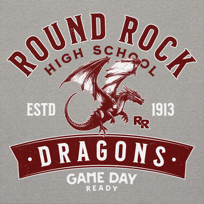 Close-up view of Round Rock High School Dragons Grey Premium Unisex Hoodie 221