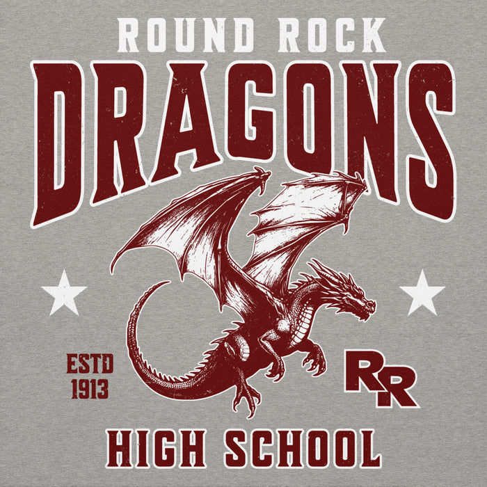 Close-up view of Round Rock High School Dragons Grey Premium Unisex Hoodie 213