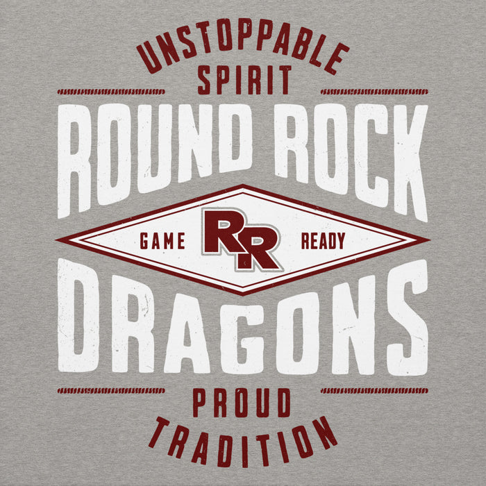 Close-up view of Round Rock High School Dragons Grey Premium Unisex Hoodie 210
