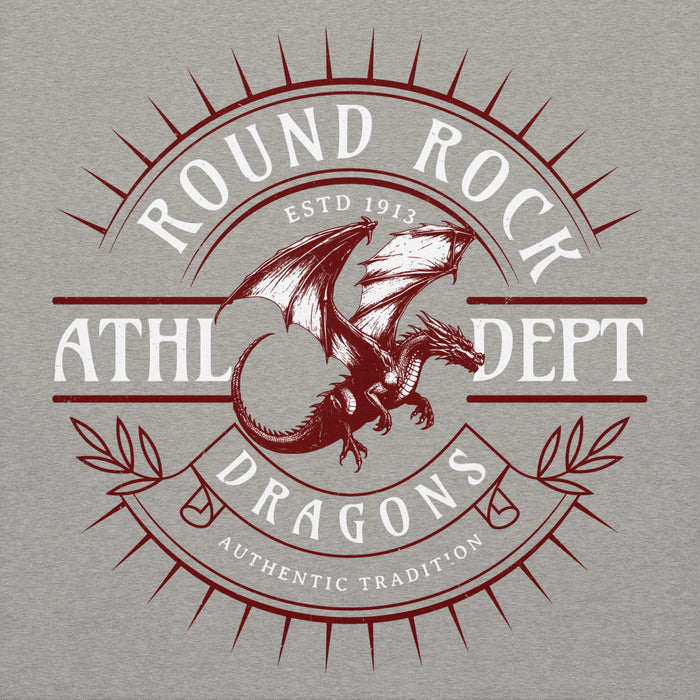 Close-up view of Round Rock High School Dragons Grey Premium Unisex Hoodie 201