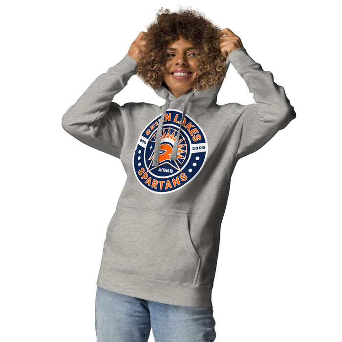 Woman wearing Seven Lakes High School Spartans Grey Premium Unisex Hoodie 239