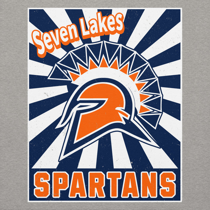 A rectangular printed graphic on a light gray background, featuring a stylized Spartan helmet with the words 'Seven Lakes' at the top and 'SPARTANS' at the bottom. The design uses navy blue, white, and orange, with a sunburst pattern behind the helmet. Seven Lakes High School Spartans Grey Premium Unisex Hoodie 226