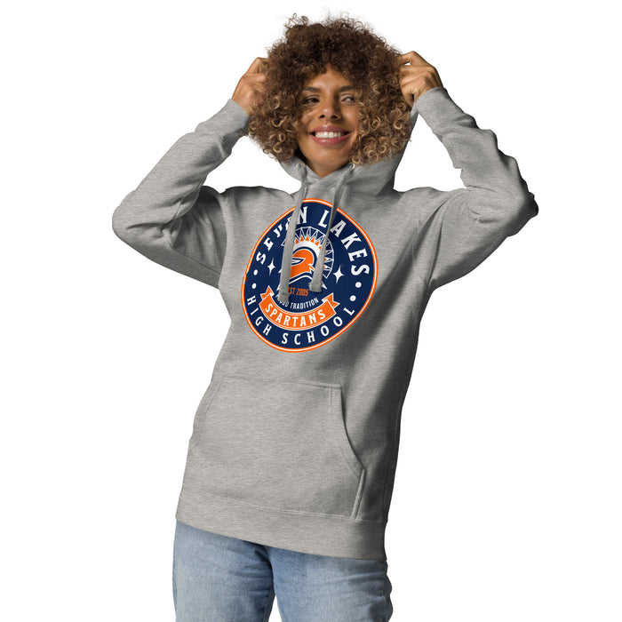 Woman wearing Seven Lakes High School Spartans Grey Premium Unisex Hoodie 215