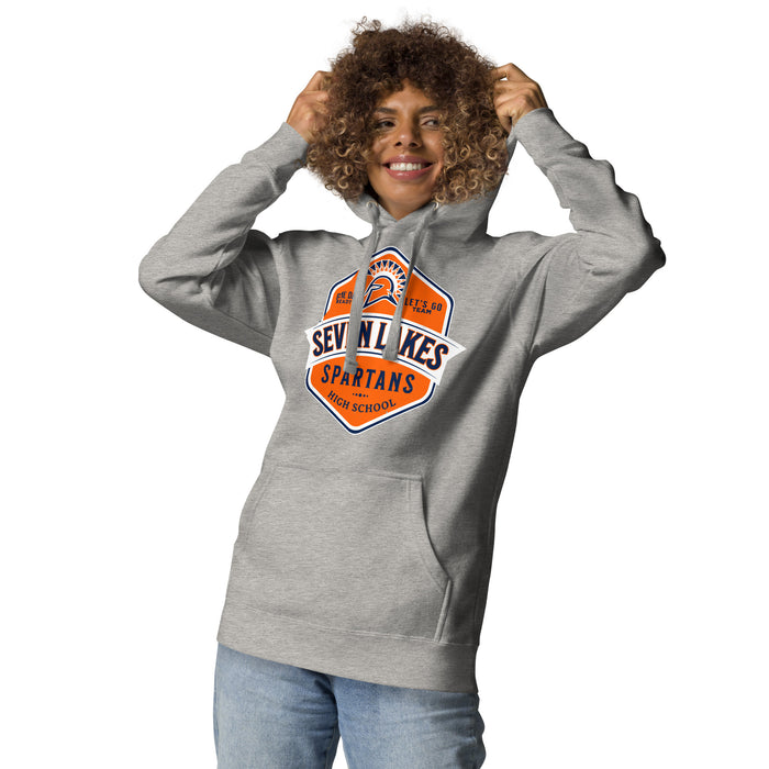 Woman wearing Seven Lakes High School Spartans Grey Premium Unisex Hoodie 209