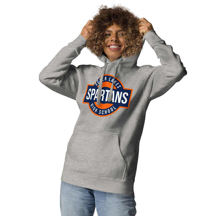 Woman wearing Seven Lakes High School Spartans Grey Premium Unisex Hoodie 011