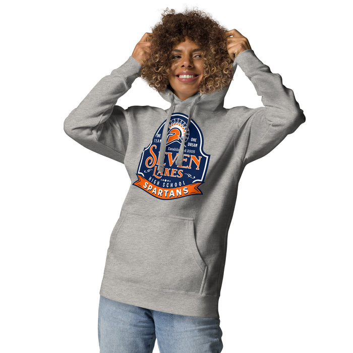 Woman wearing Seven Lakes High School Spartans Grey Premium Unisex Hoodie 219