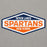 A hexagonal graphic decal or sticker reading 'SEVEN LAKES SPARTANS HIGH SCHOOL' in white and orange text on a navy, white, and orange design, shown on a heather gray background. Seven Lakes High School Spartans Grey Premium Unisex Hoodie 009