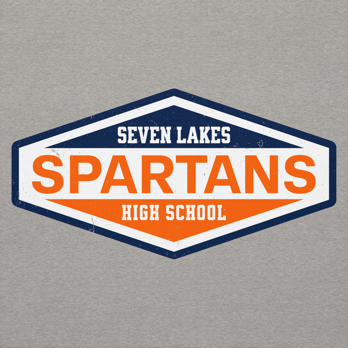 A hexagonal graphic decal or sticker reading 'SEVEN LAKES SPARTANS HIGH SCHOOL' in white and orange text on a navy, white, and orange design, shown on a heather gray background. Seven Lakes High School Spartans Grey Premium Unisex Hoodie 009