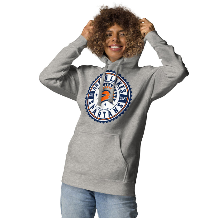 Woman wearing Seven Lakes High School Spartans Grey Premium Unisex Hoodie 203