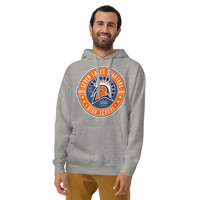 Man wearing Seven Lakes High School Spartans Grey Premium Unisex Hoodie 224