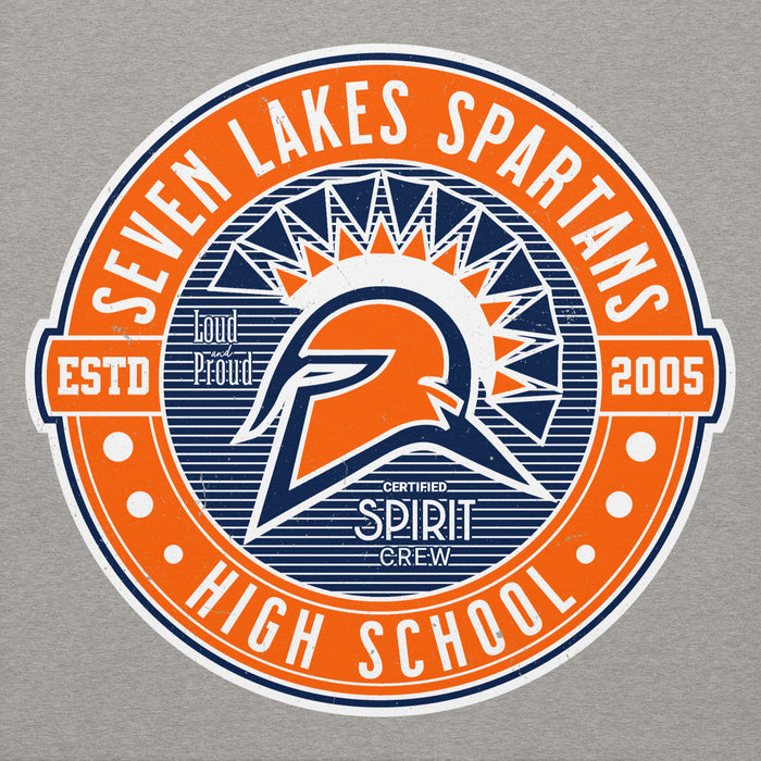 A circular graphic decal or sticker design reading 'SEVEN LAKES SPARTANS HIGH SCHOOL' with a stylized Spartan helmet logo, navy blue rays, and orange accents on a light gray background. Seven Lakes High School Spartans Grey Premium Unisex Hoodie 224