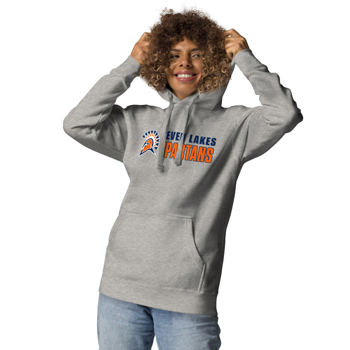 Woman wearing Seven Lakes High School Spartans Grey Premium Unisex Hoodie 200