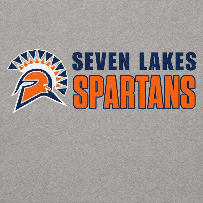 A close-up of a heather gray fabric surface featuring a printed graphic with the text 'SEVEN LAKES SPARTANS' in navy and orange, alongside a Spartan helmet logo. Seven Lakes High School Spartans Grey Premium Unisex Hoodie 200