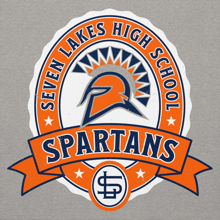 A circular and banner graphic design for Seven Lakes High School Spartans, featuring an orange and navy blue Spartan helmet logo, with the text 'SEVEN LAKES HIGH SCHOOL' and 'SPARTANS' on a ribbon, set against a heather gray background. Seven Lakes High School Spartans Grey Premium Unisex Hoodie 212