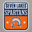 A rectangular graphic decal or sticker with rounded corners featuring the text 'SEVEN LAKES SPARTANS' in navy and white, above an orange panel with a Spartan helmet logo and two white stars, shown on a light gray background. Seven Lakes High School Spartans Grey Premium Unisex Hoodie 001
