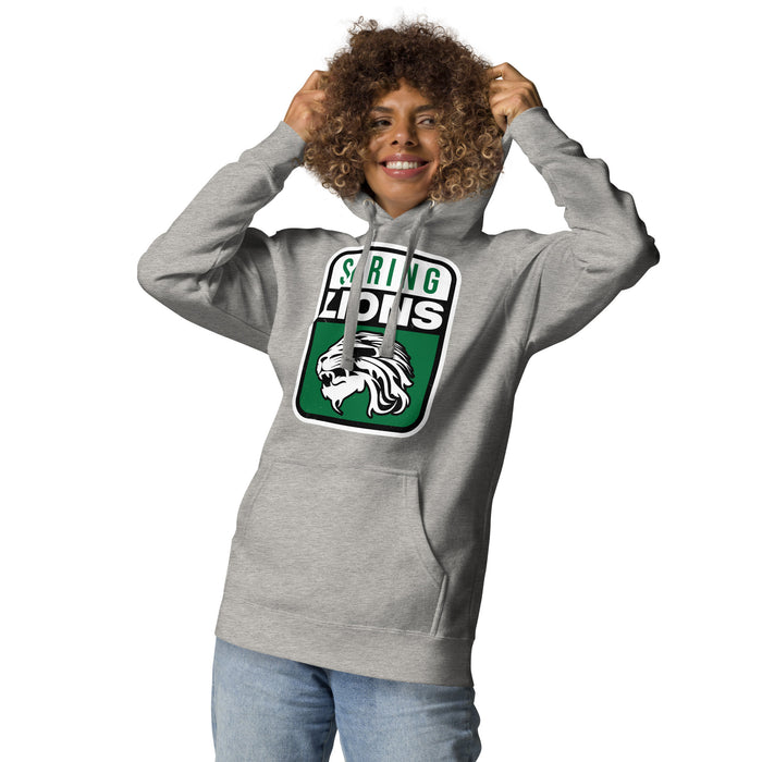 Woman wearing Spring High School Lions Grey Premium Unisex Hoodie 001