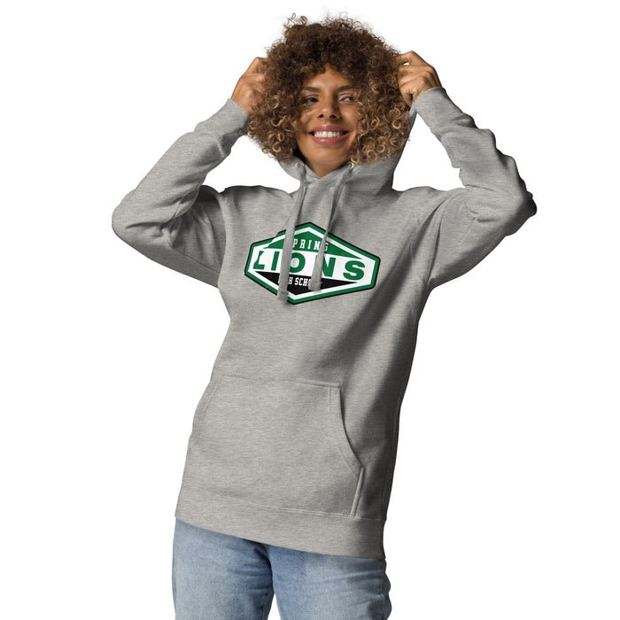 Woman wearing Spring High School Lions Grey Premium Unisex Hoodie 009