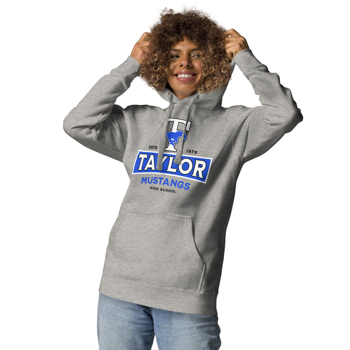 Woman wearing Taylor High School Mustangs Grey Premium Unisex Hoodie 202