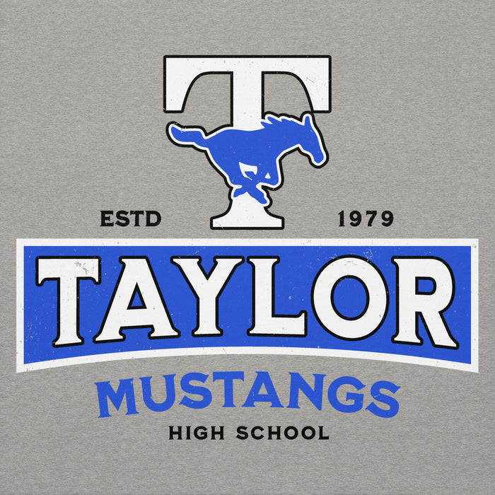 Close-up view of Taylor High School Mustangs Grey Premium Unisex Hoodie 202