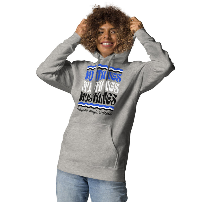 Woman wearing Taylor High School Mustangs Grey Premium Unisex Hoodie 227