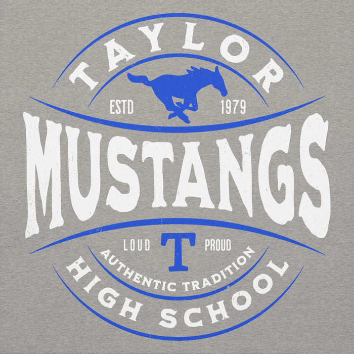 Close-up view of Taylor High School Mustangs Grey Premium Unisex Hoodie 218