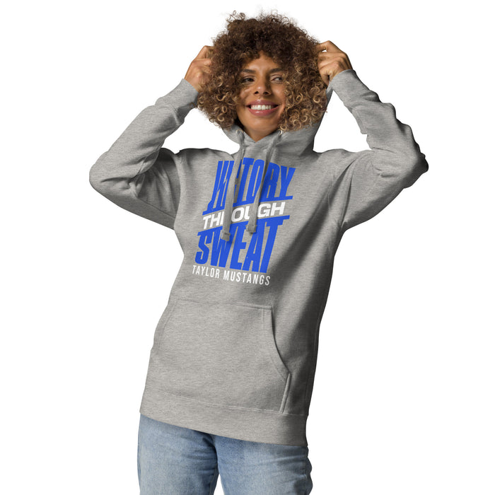 Woman wearing Taylor High School Mustangs Grey Premium Unisex Hoodie 241