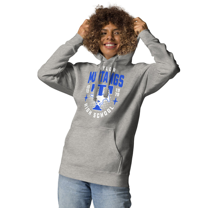 Woman wearing Taylor High School Mustangs Grey Premium Unisex Hoodie 204