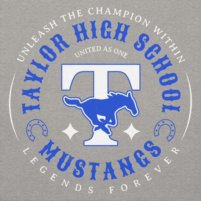 Close-up view of Taylor High School Mustangs Grey Premium Unisex Hoodie 214