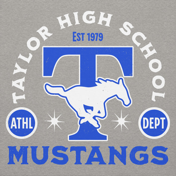 Close-up view of Taylor High School Mustangs Grey Premium Unisex Hoodie 208