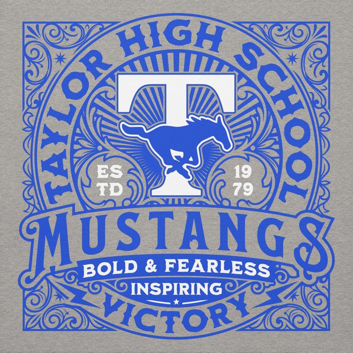 Close-up view of Taylor High School Mustangs Grey Premium Unisex Hoodie 206