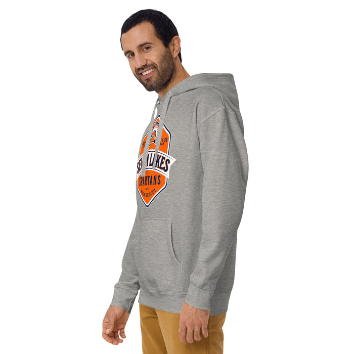 Man wearing Seven Lakes High School Spartans Grey Premium Unisex Hoodie 209