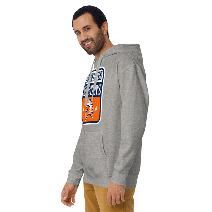 Man wearing Seven Lakes High School Spartans Grey Premium Unisex Hoodie 001