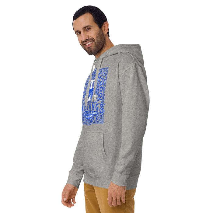 Close-up view of Taylor High School Mustangs Grey Premium Unisex Hoodie 206