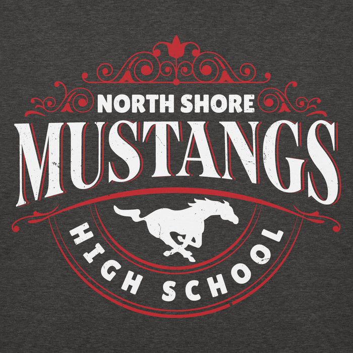 Close-up view of North Shore High School Mustangs Dark Heather Grey Premium Unisex Hoodie 211