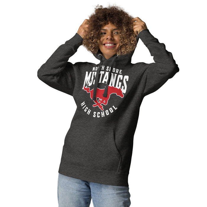 Woman wearing North Shore High School Mustangs Dark Heather Grey Premium Unisex Hoodie 213