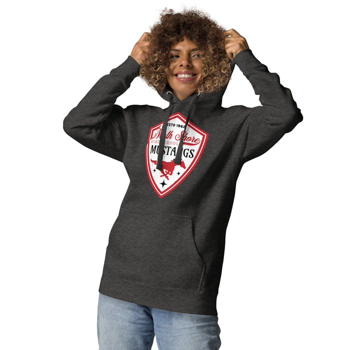 Woman wearing North Shore High School Mustangs Dark Heather Grey Premium Unisex Hoodie 225