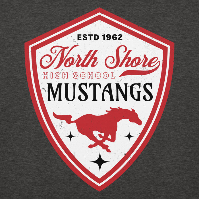 Close-up view of North Shore High School Mustangs Dark Heather Grey Premium Unisex Hoodie 225