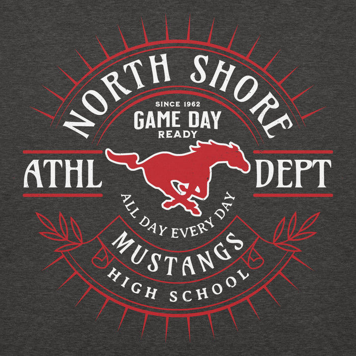 Close-up view of North Shore High School Mustangs Dark Heather Grey Premium Unisex Hoodie 201